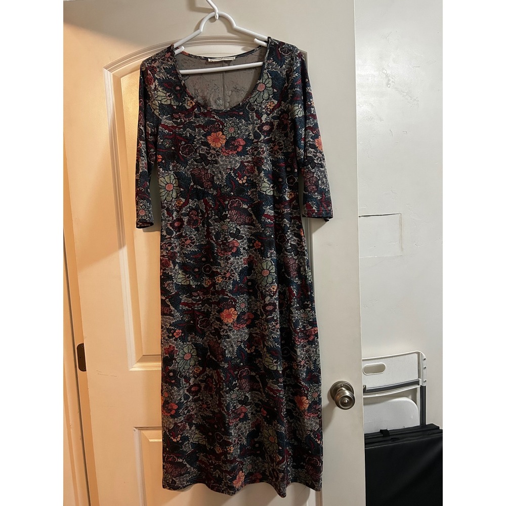 Peruvian Connection Floral Cotton Midi Dress 3/4 Sleeve Scoop Neck Multicolor M